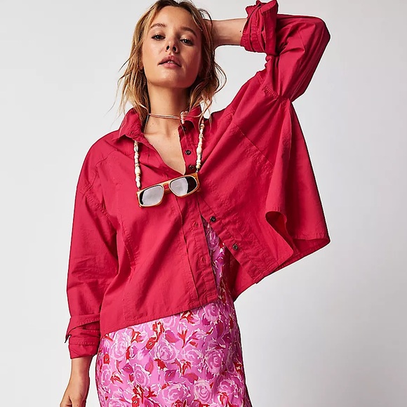 NEW Free People Remade Poplin Shirt In Punch Pink - Picture 1 of 13